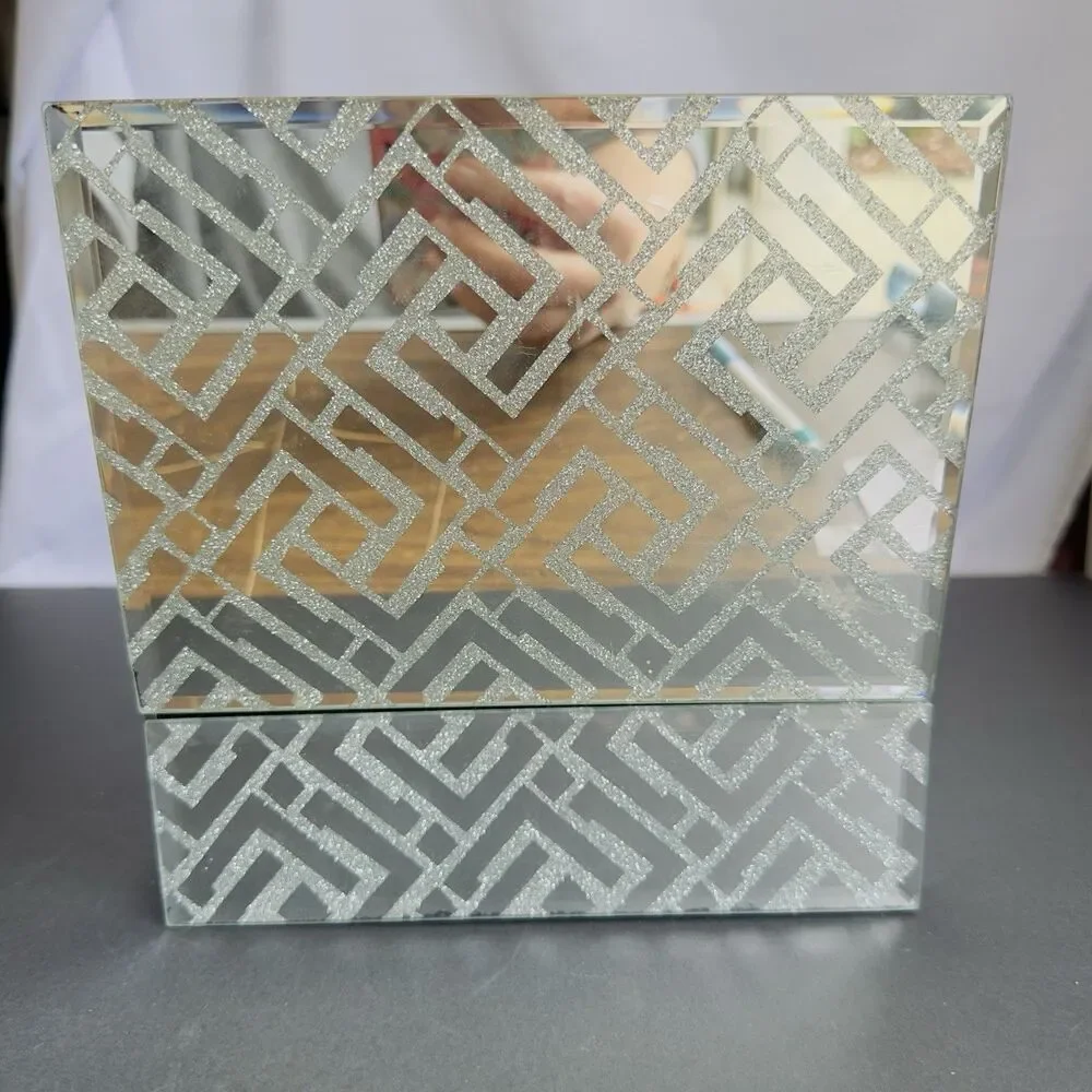 Jewelry Box Storehouse Mirrored Glass Design Trinket Black Velvet Lining Ribbon